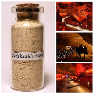 May include: A clear glass jar with a cork stopper, filled with a light brown powder. A white label wrapped around the jar reads "Zedekiah's Cave" in black script. The image also includes three photos of a cave with lit pathways.