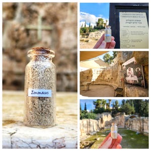Biblisk Emmausjordflaska • Nikopolis Forntida jord • Uppstånden Jesus Två lärjungar samtalar Plats • Välsignelse Souvenirgåva • Heliga landet • Israel