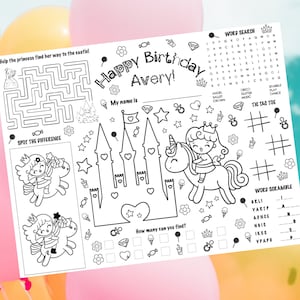 Personalized Princess Castle Color Placemat: Custom Printable Activity Birthday Party Mat (Digital Download, Printable PDF)