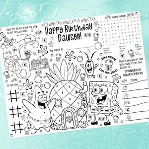 Personalized Underwater Sponge Cartoon Placemat: Custom Printable Activity Birthday Party Mat (Digital Download, Printable PDF)