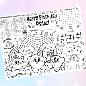May include: A black and white printable colouring page featuring a birthday theme with the name Giselle. The page includes a maze, word search, connect the dots, and noughts and crosses game. The main image is of a character from the video game Kirby.