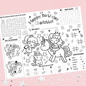 Personalized Princess Color Placemat: Custom Printable Activity Birthday Party Mat (Digital Download, Printable PDF)