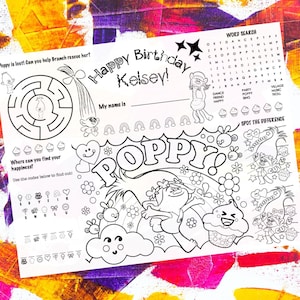 Trolls Rainbow Adventure Color Placemat, Personalized, Printable, Custom, Activity Mat - For Birthday Party or Classroom Learning