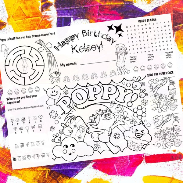 Trolls Rainbow Adventure Coloring Placemat, Personalized, Printable, Custom, Activity Mat - For Birthday Party or Classroom Learning