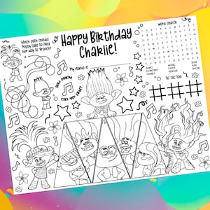 Trolls Epic Adventure Color Placemat, Personalized, Printable, Custom, Activity Mat - For Birthday Party or Classroom Learning