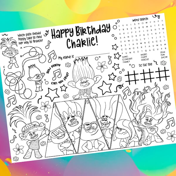 Set de table à colorier Trolls Epic Adventure, personnalisé, imprimable, personnalisé, tapis d'activité - pour une fête d'anniversaire ou un apprentissage en classe
