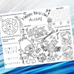 Trolls Rock & Roll Music Adventure Color Placemat, Personalized, Printable, Custom, Activity Mat - Birthday Party or Classroom Learning