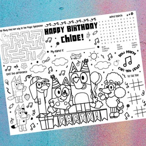 Blue Dog Adventure Party Coloring Placemat, Personalized, Printable, Custom, Activity Mat - For Birthday Party or Classroom Learning