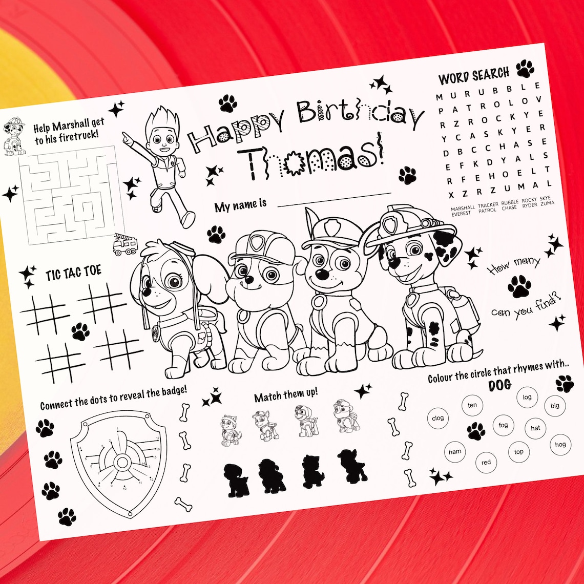 Paw Patrol Coloring Placemat Personalized Printable Custom | Etsy