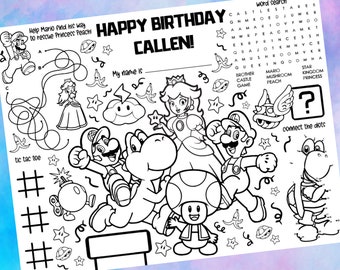 Super Mario Brothers Adventure Coloring Placemat, personalizado, imprimible, personalizado, tapete de actividades - fiesta de cumpleaños o aprendizaje en el aula