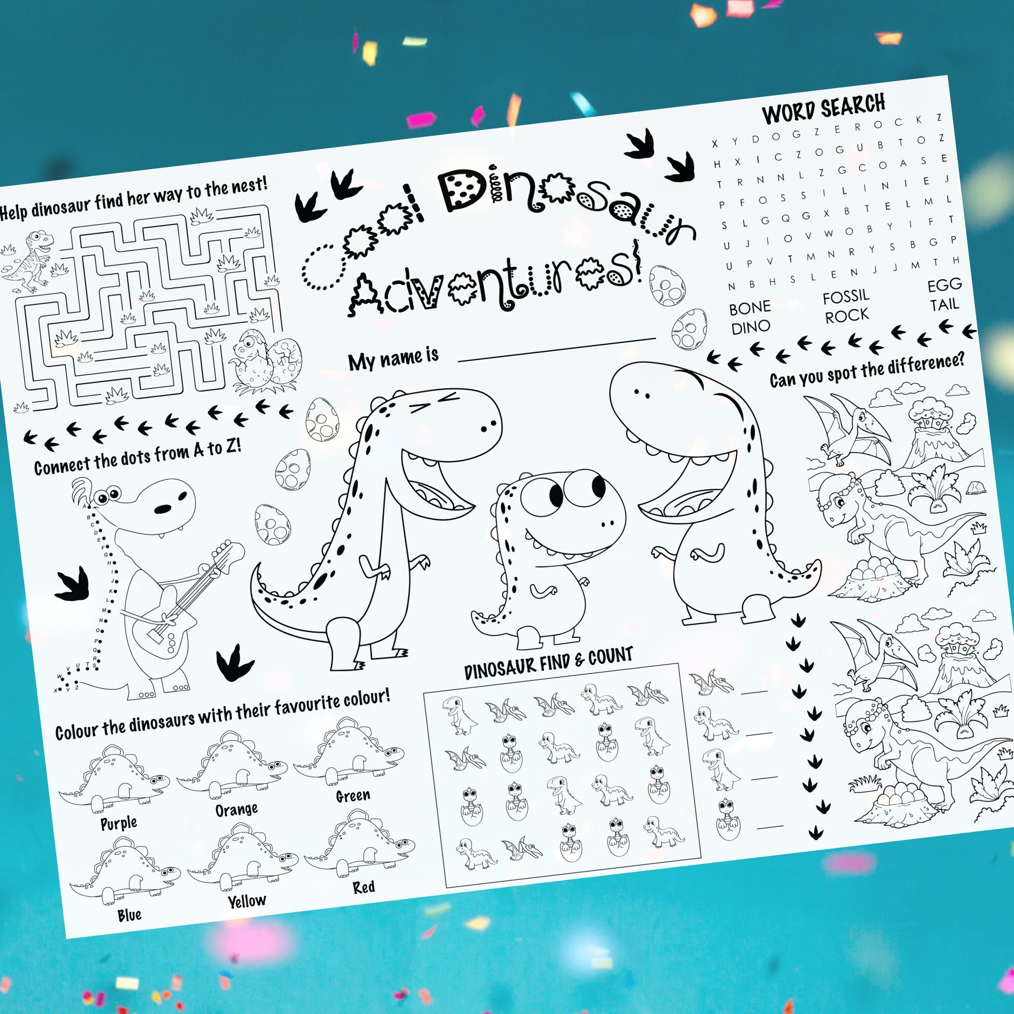 Dinosaur Coloring Placemat, Personalized, Printable, Custom, Activity ...