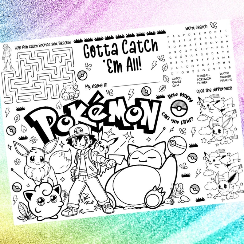 Pokemon Gotta Catch 'em All Coloring Placemat, Personalized, Printable ...