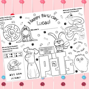 Secret Life of Pets Coloring Placemat, Personalized, Printable, Custom, Activity Mat - For Birthday Party or Class / Classroom Learning