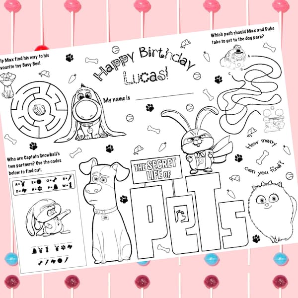 Secret Life of Pets Coloring Placemat, Personalized, Printable, Custom, Activity Mat - For Birthday Party or Class / Classroom Learning