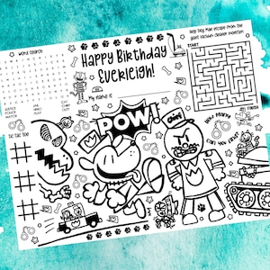 Mantel individual para colorear "Aventuras de un hombre perro", personalizado, imprimible y de actividades, ideal para fiestas de cumpleaños o aprendizaje en el aula.