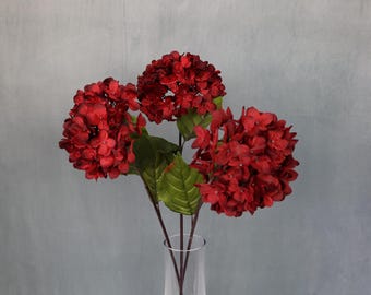 Deep Red Silk Hydrangea Flower: 29" Faux Floral Stem -Set of 3