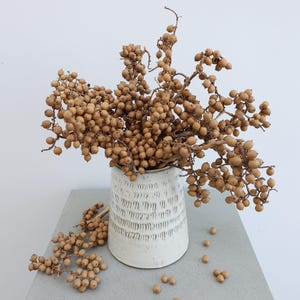 May include: A white ceramic vase with a textured, etched design holds a bouquet of dried, brown berries on slender stems. Some berries have fallen onto the gray surface. The arrangement is set against a white backdrop.