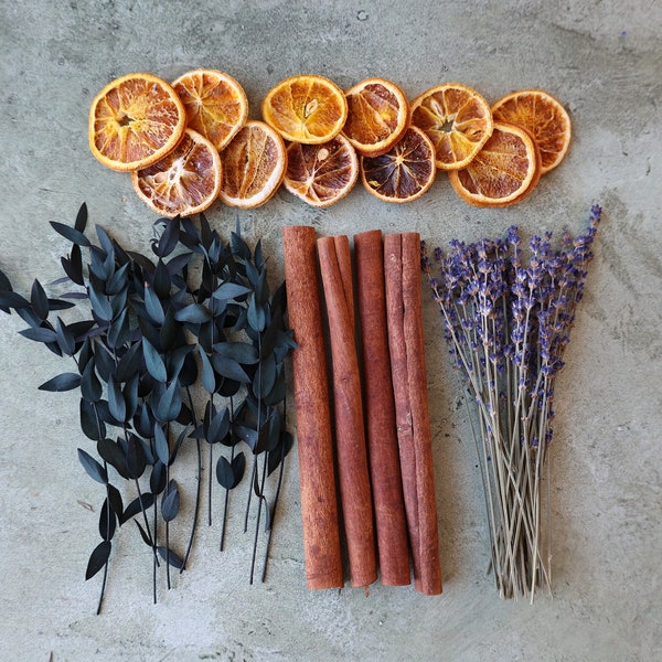 Dried cinnamon sticks+ Dried Orange slices + Dried Lavender+ Preserved Teardrop Eucalyptus, Dried fruit, Naturally Dried, Home decor