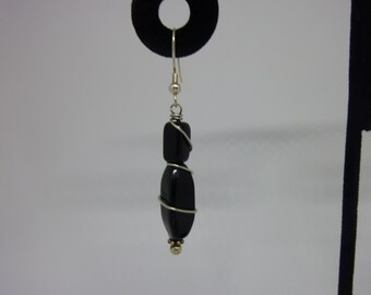 Wire-Wrapped Black & Silver Pierced Earrings