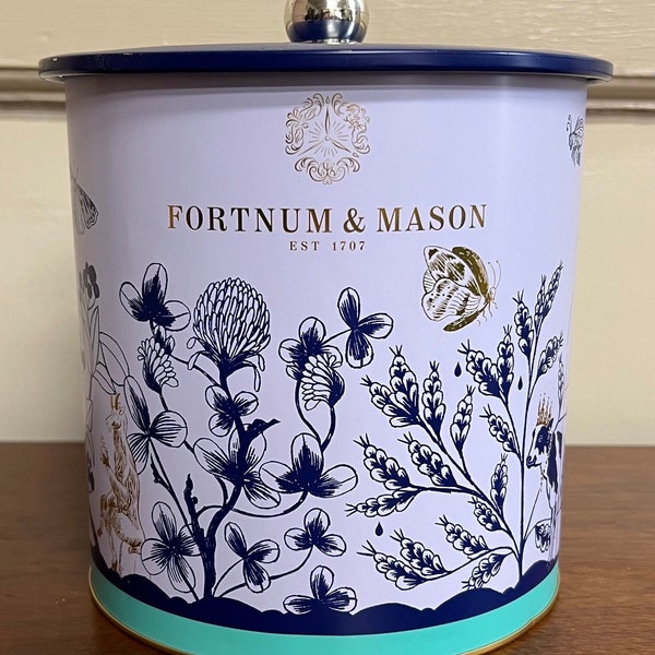 Reserved for Laura * Large Fortnum & Mason Cheese Cookie Biscuit Navy Blue Gold Botanical Flowers, Butterflies Tin