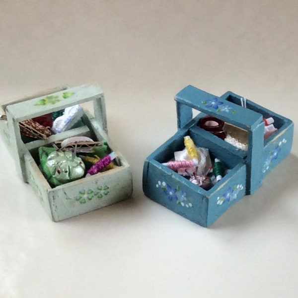 Dollhouse sewing box, 1:12 scale sewing basket, Handmade, Miniature sewing basket