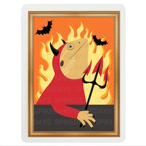May include: A digital illustration of a lizard wearing a red devil costume and holding a pitchfork. The lizard is surrounded by flames and bats. The image is set against a background of orange and yellow.