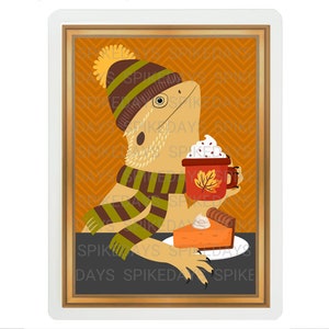 Fall Season Bearded Dragon Eating Pumpkin Pie 3x4 Tank Decor - Pumpkin Season Art - Bearded Dragon Art - Cute Fall Decor - Bearded Dragons