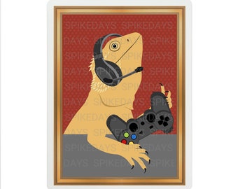Video Gamer Bearded Dragon Tank Portrait - Bearded Dragon Drawing - Gaming Decor - Funny Lizard Decor - Cute Reptile Tank Accessories