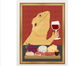 Bearded Dragon Eating Charcuterie Board and Drinking Wine 3x4 Tank Decor - Bearded Dragon Accessories for Tank - Charcuterie Board Decor