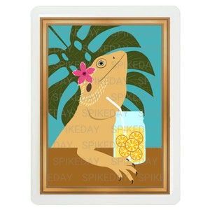 May include: A digital illustration of a bearded dragon wearing a pink flower behind its ear, sitting at a table with a glass jar of lemonade and a straw. The background is a teal blue with a green tropical leaf.