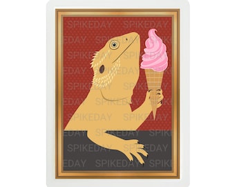 Bearded Dragon Eating Ice Cream Cone Tank Decor - Reptile Art - Lizard Decor - Bearded Dragons - Lizard Picture - Ice Cream Decor - Pet Art