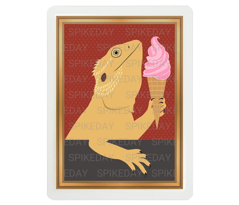 Bearded Dragon Eating Ice Cream Cone Tank Decor Reptile Art Etsy