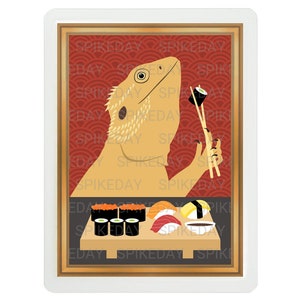 Decoración de acuario de 3x4 con dragón barbudo comiendo sushi - Decoración de sushi - Arte divertido de lagartos - Animal comiendo sushi - Decoración de acuario para reptiles - Dibujo de lagarto