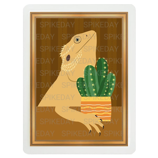 Bearded Dragon with Succulent 3x4 Tank Decor 4 - Lizard Portrait - Cacti Art Prints - Cute Succulent Drawing - Reptile Lover Gift Ideas