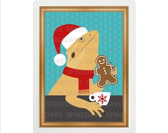 Christmas Bearded Dragon Wearing Santa Hat with Gingerbread Cookie Tank Decor - Cute Reptile Art - Lizard Portraits - Unique Reptile Gifts