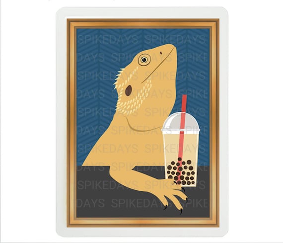 Bearded Dragon Drinking Bubble Tea Tank Decor - Boba Tea Art - Lizard Decor - Funny Reptile Tank Decor - Reptile Gifts - Pet Wall Art