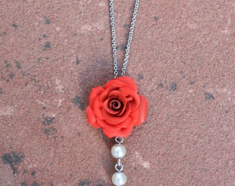 Vintage Rose and Pearl Necklace