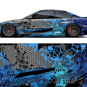 May include: A blue, black, and gray abstract design with geometric shapes and a honeycomb pattern. This design is perfect for a car wrap or decal.