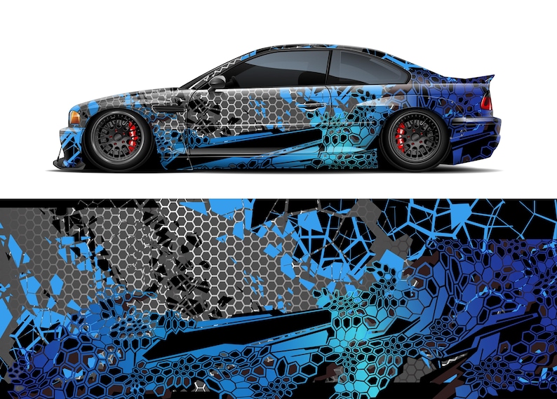 Pode incluir: Um design abstrato azul, preto e cinza com formas geom&eacute;tricas e um padr&atilde;o de favo de mel. Este design &eacute; perfeito para um envolt&oacute;rio de carro ou um adesivo.