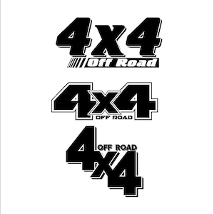 May include: Three black and white 4x4 Off Road decals. The first decal is in a bold, blocky font. The second decal is in a more rounded font. The third decal is in a more stylized font with the 4s overlapping.