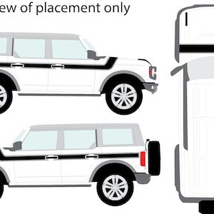 May include: A white Ford Bronco with black accent stripes. The image shows the vehicle from the side and top views. "Preview of placement only" is written at the top of the image.