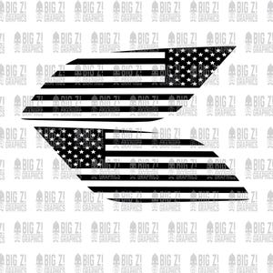 May include: Black and white graphic design of the American flag with a diagonal cut on each side. The flag is in a stylized design with the stars and stripes in a geometric pattern.