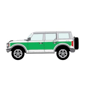 May include: A white Ford Bronco with a green stripe down the side. The car is shown in profile view.