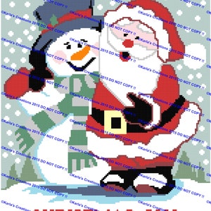 May include: A pixel art cross-stitch pattern featuring a snowman and Santa Claus with the text "CHRISTMAS JOY". The pattern is on a light blue background with white snowflakes.