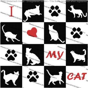 May include: A black and white image with a red heart and the words "I love my cat" in red letters. The image is made up of 12 squares, each with a different image of a cat, a paw print, or a heart.