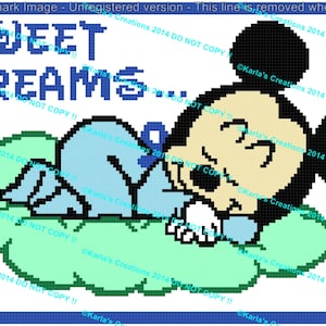 Può includere: Un'immagine pixel art di Topolino che dorme su una nuvola verde. Il testo "SWEET DREAMS..." è sopra Topolino.