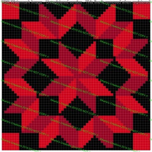 May include: A red and black plaid pattern with a repeating design. The pattern is made up of squares, with each square being either red or black. The pattern is symmetrical and has a geometric look.