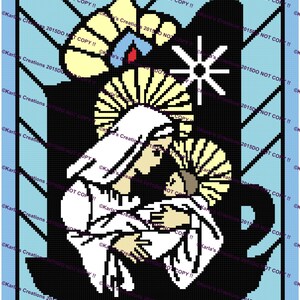 May include: A stained glass style image of Mary holding baby Jesus. The image is set against a blue background with a yellow halo around Mary's head and a star above her. The image is in black, white, yellow, blue, and red.