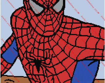 May include: A pixelated image of Spiderman in his red and blue suit with a black spider symbol on his chest. He is looking to the right with a serious expression on his face.