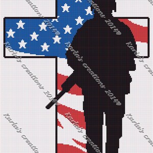 May include: A black silhouette of a soldier holding a rifle stands in front of an American flag in the shape of a cross. The flag is red, white, and blue.